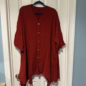 GUC PLUS SIZE 4XL COTTON GAUZE BUTTON DOWN SHARKBITE HEM TUNIC TOP